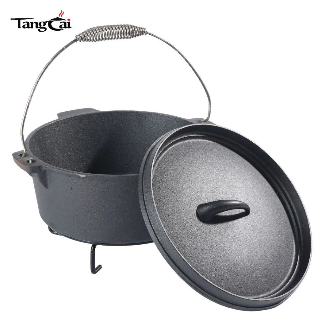 Horno holand&eacute;s de hierro fundido antiadherente para acampar al aire libre con base de 3 patas y mango de elevaci&oacute;n previamente sazonado Material met&aacute;lico