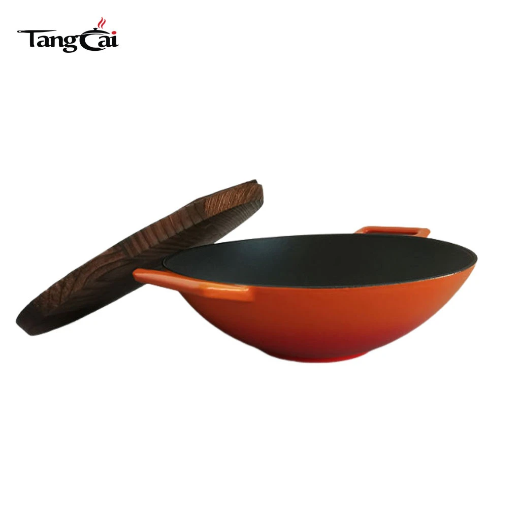 Wok de hierro fundido con revestimiento de esmalte de 36 cm de di&aacute;metro de di&aacute;metro con asas dobles Utensilios de cocina chinos Wok de fondo plano compatible con inducci&oacute;n