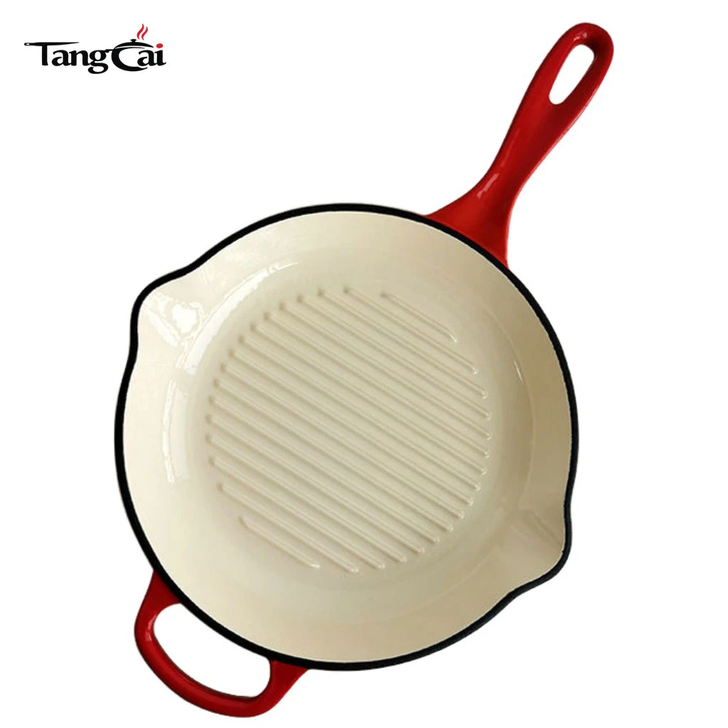Sart&eacute;n para parrilla para carnes redonda de hierro fundido esmaltado con boquillas de goteo laterales - Sart&eacute;n redonda de 11 pulgadas con Interior con revestimiento de esmalte blanco