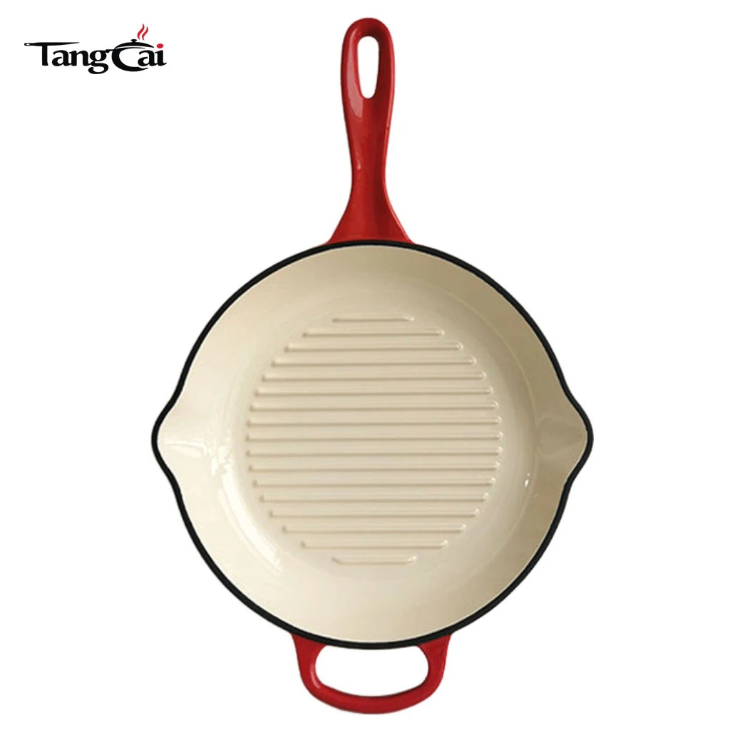 Sart&eacute;n para parrilla para carnes redonda de hierro fundido esmaltado con boquillas de goteo laterales - Sart&eacute;n redonda de 11 pulgadas con Interior con revestimiento de esmalte blanco
