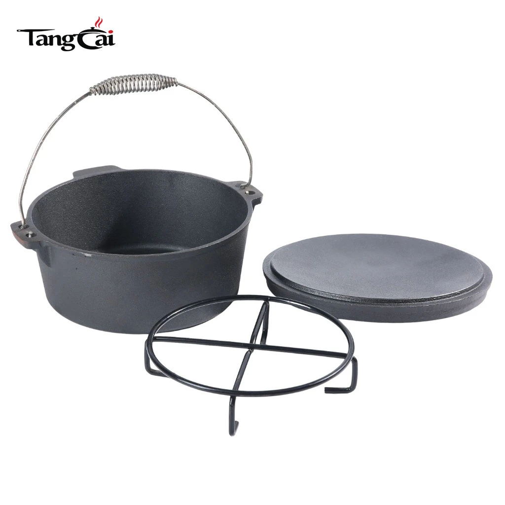 Horno holand&eacute;s de hierro fundido antiadherente para acampar al aire libre con base de 3 patas y mango de elevaci&oacute;n previamente sazonado Material met&aacute;lico