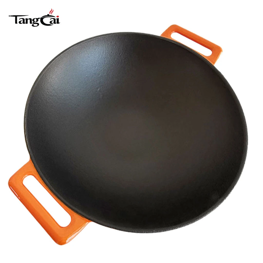 Wok de hierro fundido con revestimiento de esmalte de 36 cm de di&aacute;metro de di&aacute;metro con asas dobles Utensilios de cocina chinos Wok de fondo plano compatible con inducci&oacute;n