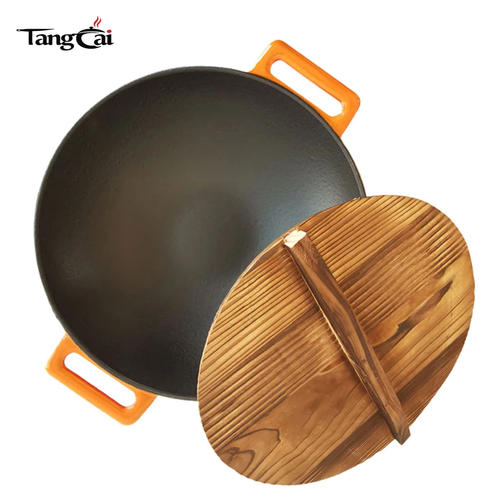 Wok de hierro fundido con revestimiento de esmalte de 36 cm de di&aacute;metro de di&aacute;metro con asas dobles Utensilios de cocina chinos Wok de fondo plano compatible con inducci&oacute;n