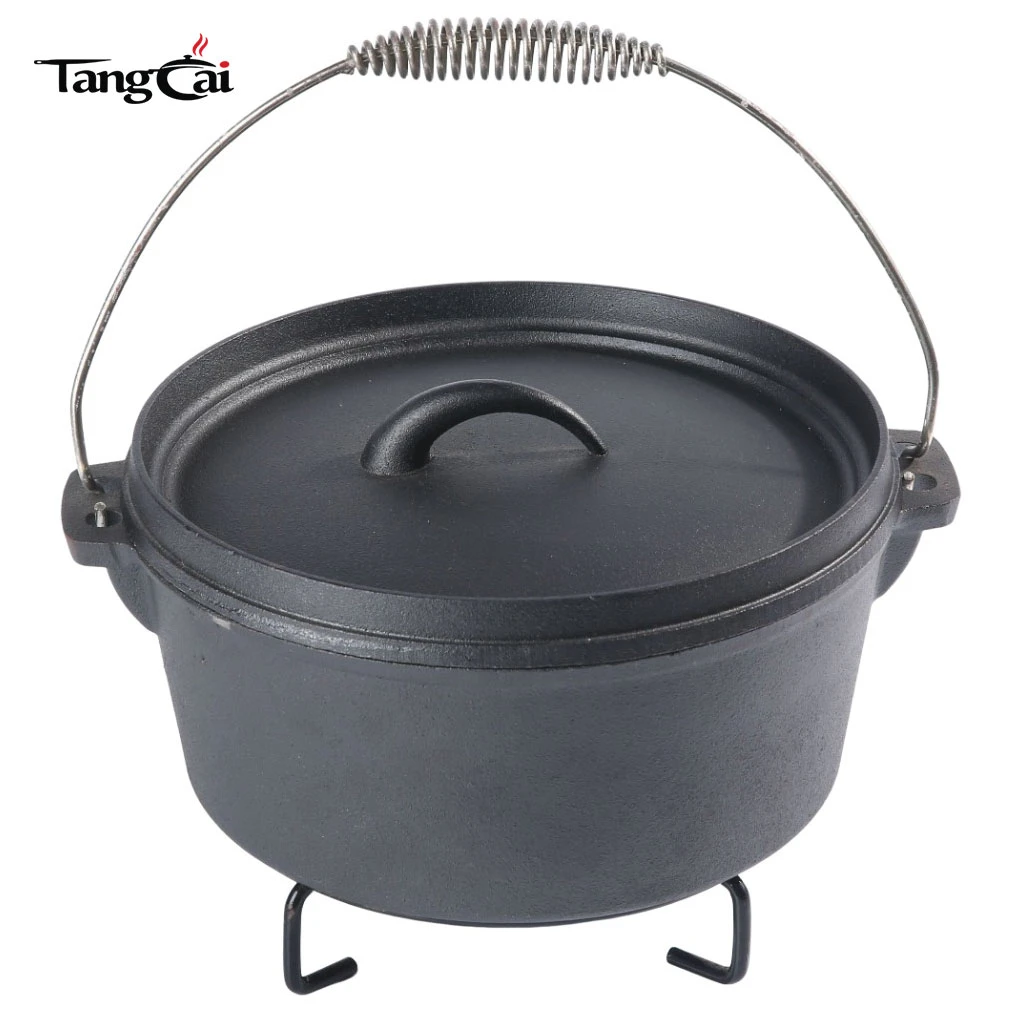 Horno holand&eacute;s de hierro fundido antiadherente para acampar al aire libre con base de 3 patas y mango de elevaci&oacute;n previamente sazonado Material met&aacute;lico