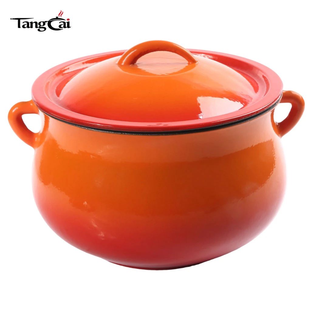 Olla para frijoles multiusos de hierro fundido de 5 cuartos de gal&oacute;n, esmaltado en naranja, utensilios de cocina antiadherentes para el vientre con tapa para tareas diarias de cocina