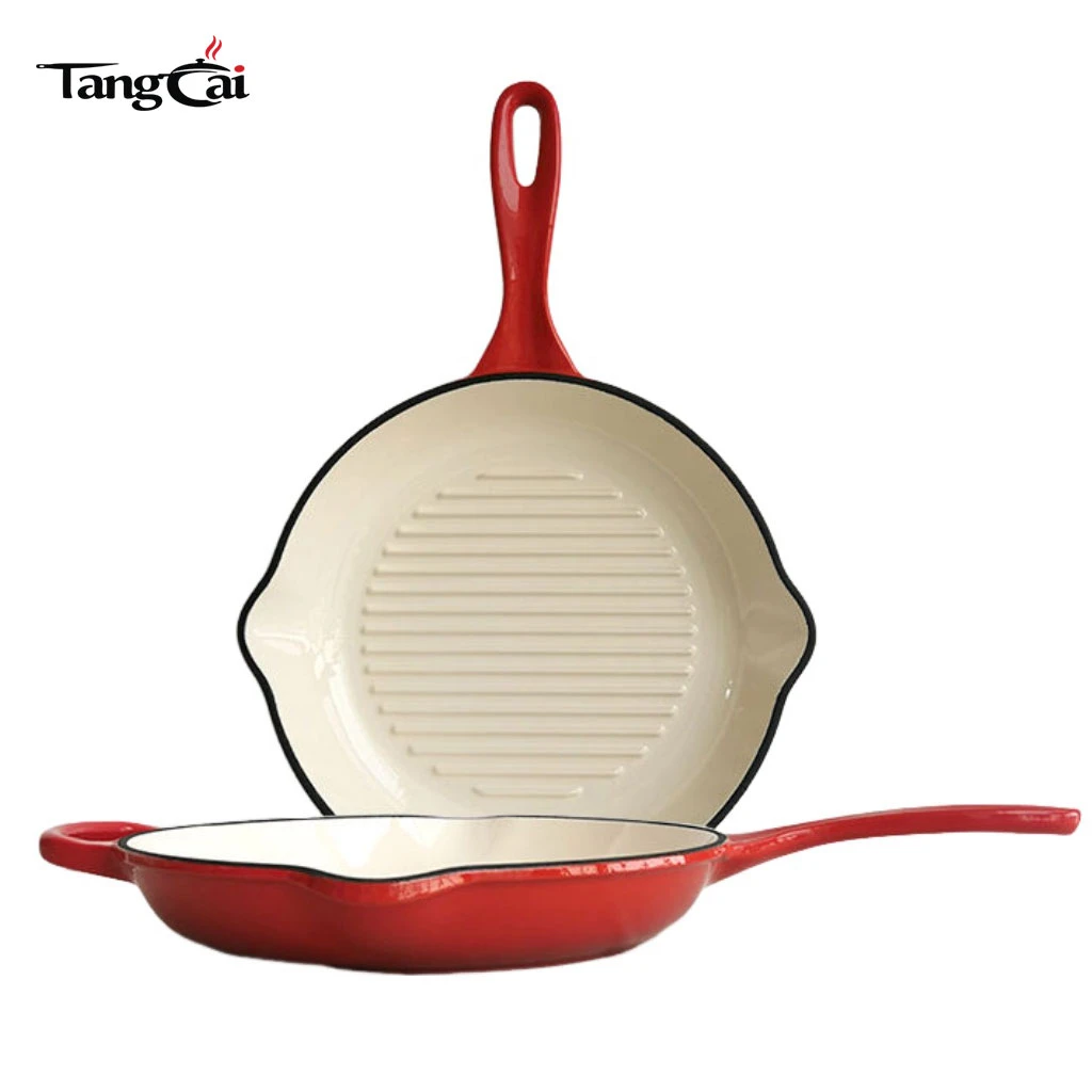 Sart&eacute;n para parrilla para carnes redonda de hierro fundido esmaltado con boquillas de goteo laterales - Sart&eacute;n redonda de 11 pulgadas con Interior con revestimiento de esmalte blanco