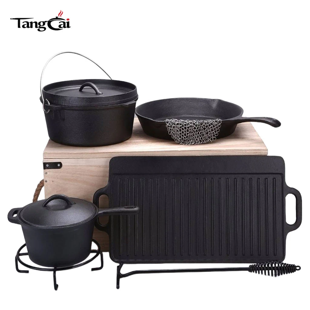 Juego de utensilios de cocina de hierro fundido de 7 piezas con caja de madera para cocinar en campamentos