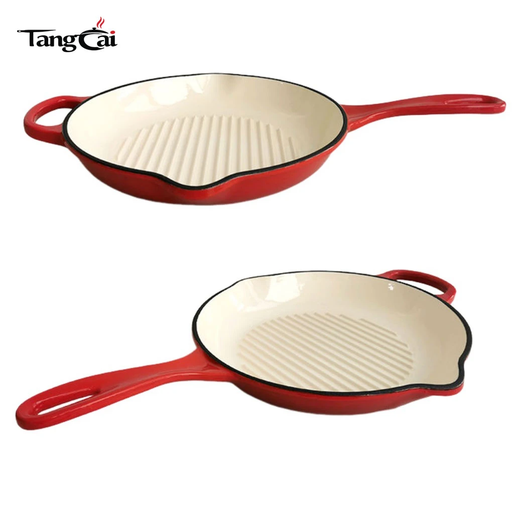 Sart&eacute;n para parrilla para carnes redonda de hierro fundido esmaltado con boquillas de goteo laterales - Sart&eacute;n redonda de 11 pulgadas con Interior con revestimiento de esmalte blanco