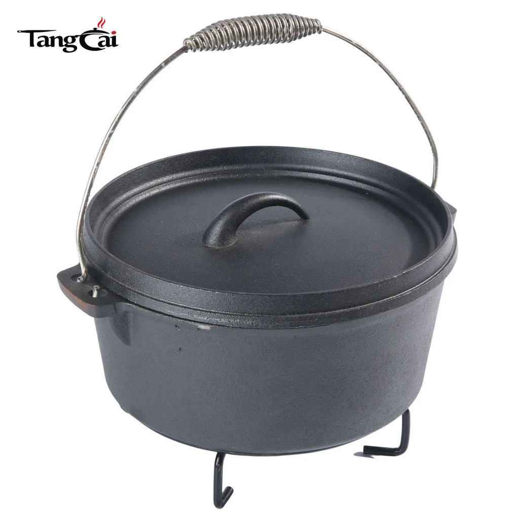 Horno holand&eacute;s de hierro fundido antiadherente para acampar al aire libre con base de 3 patas y mango de elevaci&oacute;n previamente sazonado Material met&aacute;lico