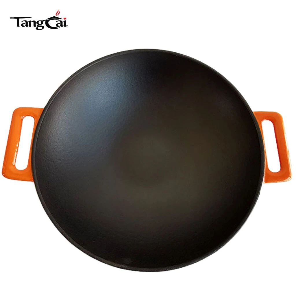 Wok de hierro fundido con revestimiento de esmalte de 36 cm de di&aacute;metro de di&aacute;metro con asas dobles Utensilios de cocina chinos Wok de fondo plano compatible con inducci&oacute;n