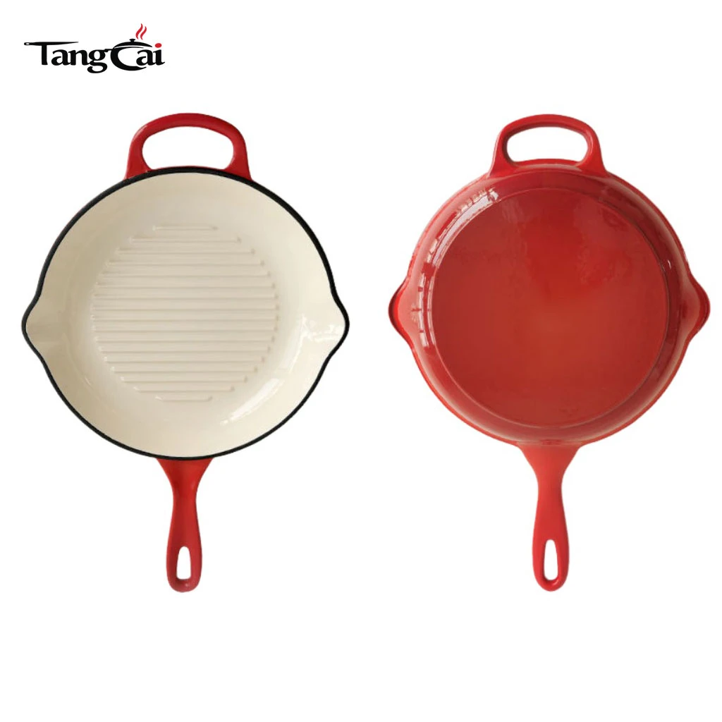 Sart&eacute;n para parrilla para carnes redonda de hierro fundido esmaltado con boquillas de goteo laterales - Sart&eacute;n redonda de 11 pulgadas con Interior con revestimiento de esmalte blanco