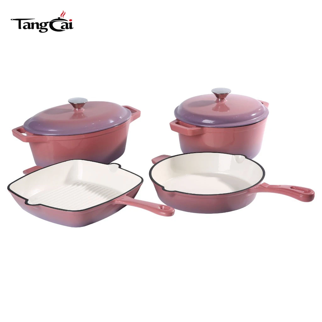 Juego de 4PCS de utensilios de cocina de hierro fundido esmaltado Se, ollas y sartenes antiadherentes multiusos para cocinar en familia, apto para horno, compatible con inducci&oacute;n