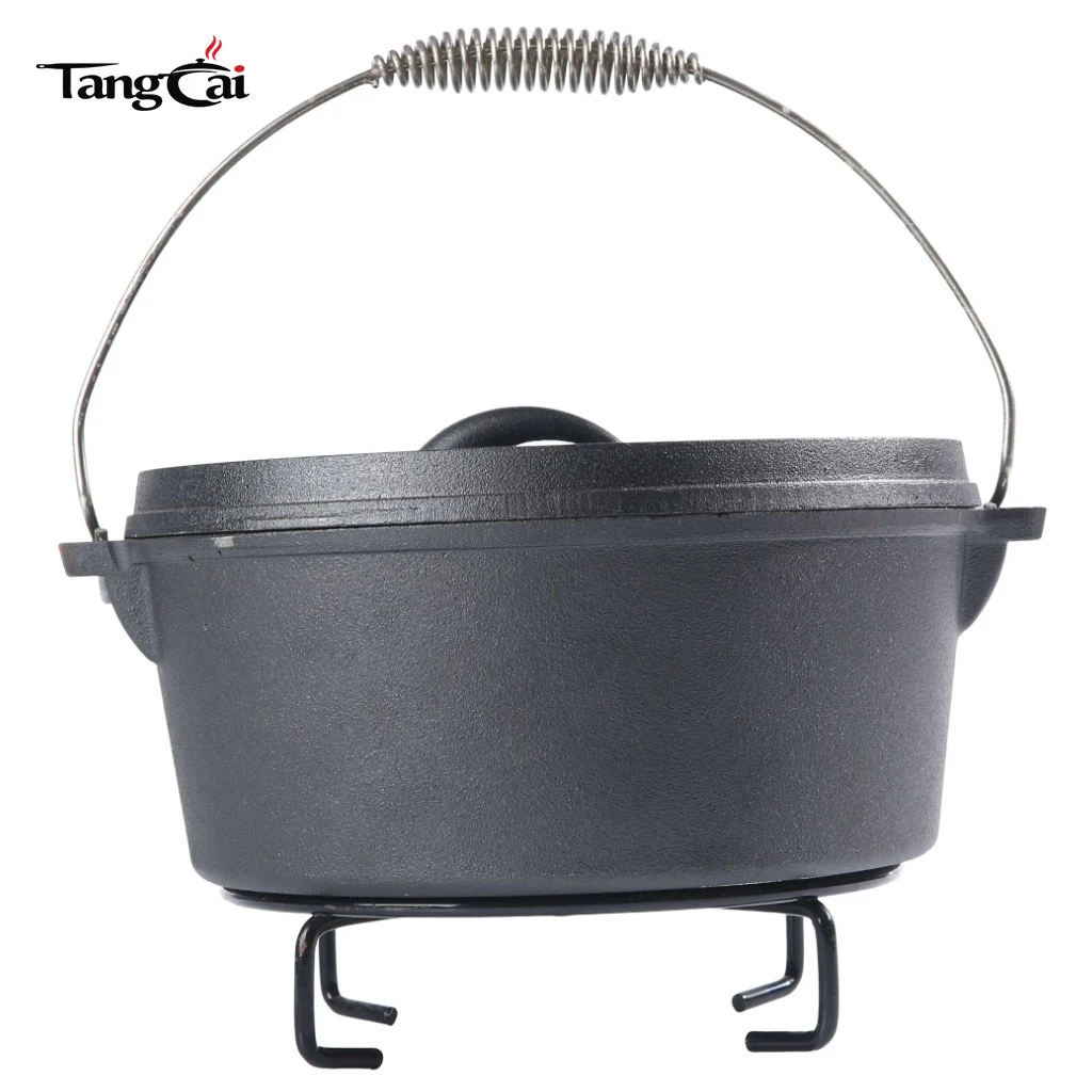 Horno holand&eacute;s de hierro fundido antiadherente para acampar al aire libre con base de 3 patas y mango de elevaci&oacute;n previamente sazonado Material met&aacute;lico