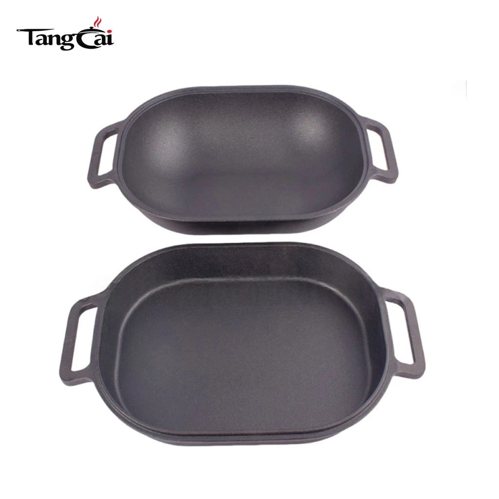 F&aacute;brica al por mayor Bandeja ovalada para asar de hierro fundido 2 en 1 con tapa de c&uacute;pula alta Asador de pavo Juego de bandejas para hornear pan rectangulares