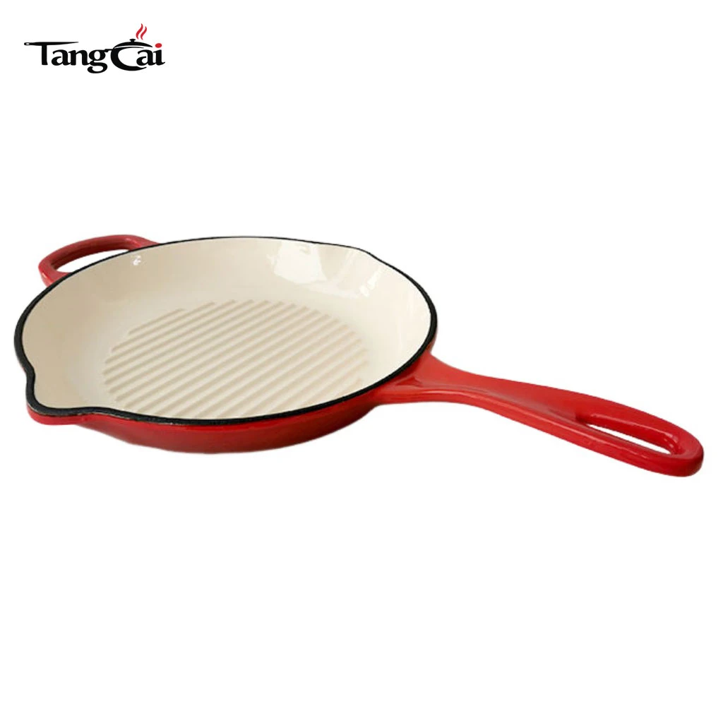 Sart&eacute;n para parrilla para carnes redonda de hierro fundido esmaltado con boquillas de goteo laterales - Sart&eacute;n redonda de 11 pulgadas con Interior con revestimiento de esmalte blanco