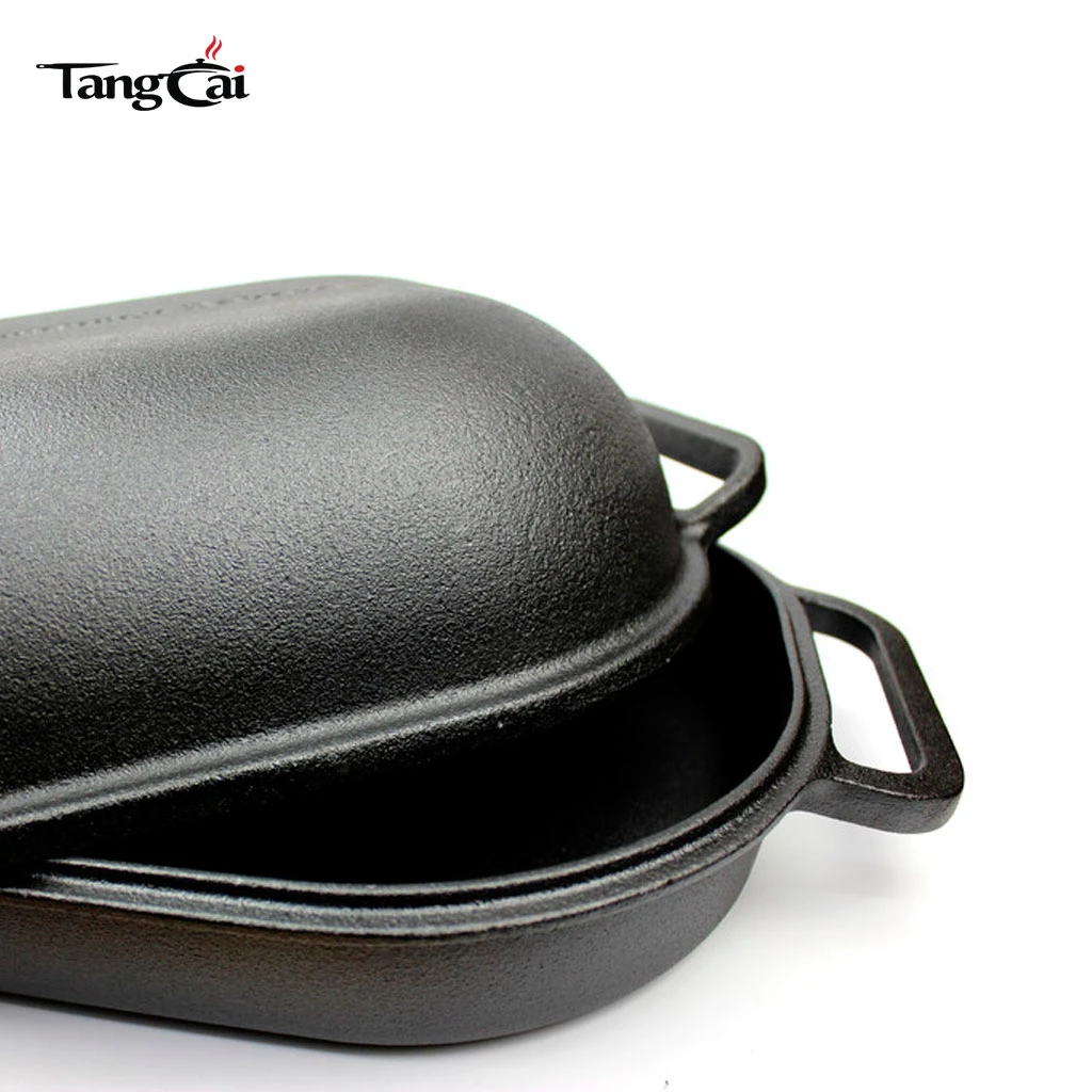 F&aacute;brica al por mayor Bandeja ovalada para asar de hierro fundido 2 en 1 con tapa de c&uacute;pula alta Asador de pavo Juego de bandejas para hornear pan rectangulares