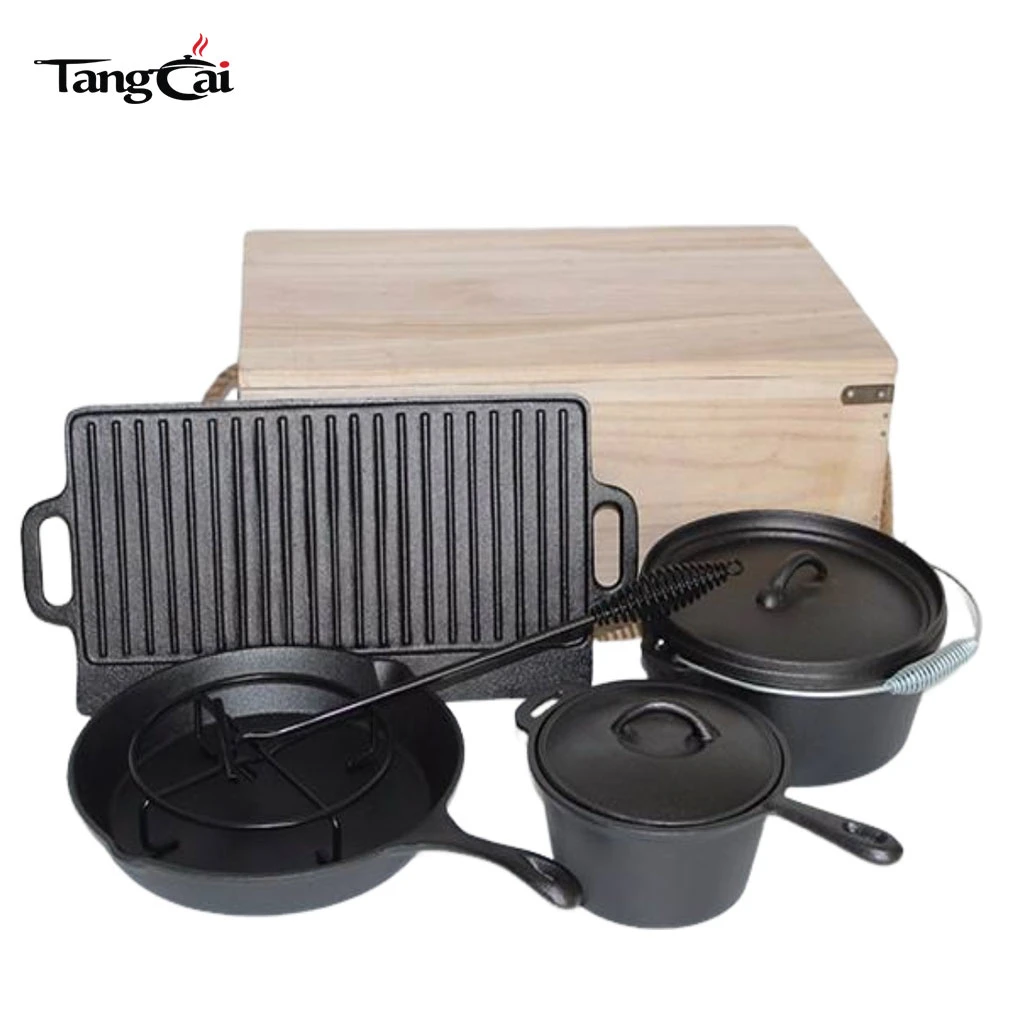 Juego de utensilios de cocina de hierro fundido de 7 piezas con caja de madera para cocinar en campamentos