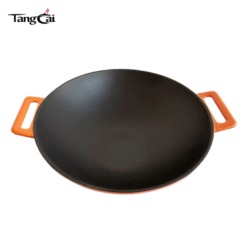 Wok de hierro fundido con revestimiento de esmalte de 36 cm de di&aacute;metro de di&aacute;metro con asas dobles Utensilios de cocina chinos Wok de fondo plano compatible con inducci&oacute;n
