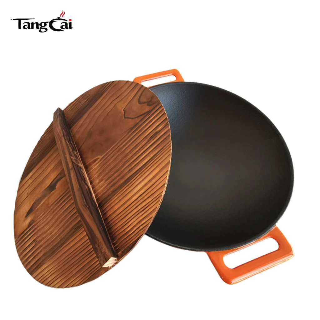 Wok de hierro fundido con revestimiento de esmalte de 36 cm de di&aacute;metro de di&aacute;metro con asas dobles Utensilios de cocina chinos Wok de fondo plano compatible con inducci&oacute;n
