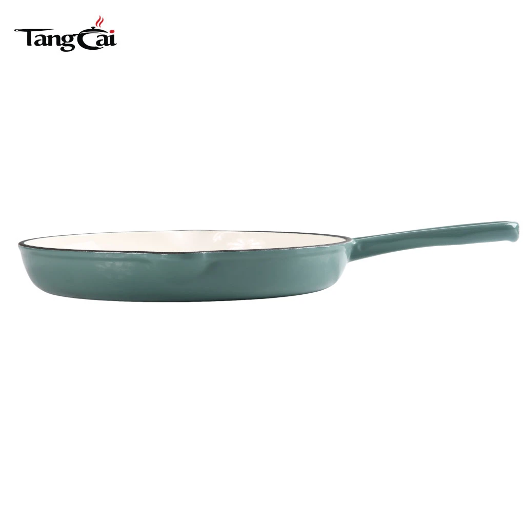 Venta directa de f&aacute;brica de 10 pulgadas 26 cm Sart&eacute;n redonda de hierro fundido esmaltado en color verde azulado para marcas y minoristas