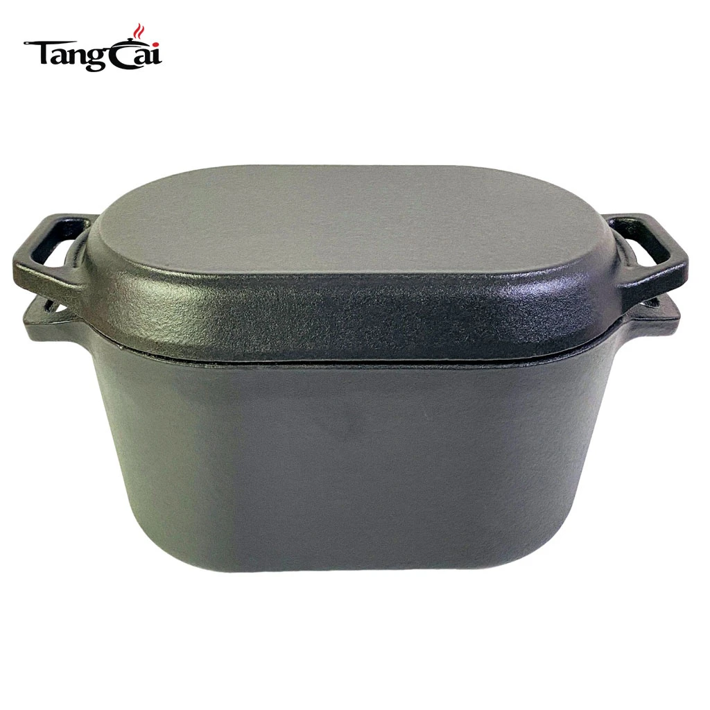 Horno holand&eacute;s de hierro fundido presazonado 2 en 1 con tapa de sart&eacute;n Bandeja para hornear pesada con asas circulares para hornear pan, fre&iacute;r, acampar, asar a la parrilla