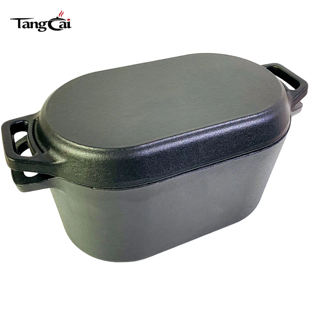 Horno holand&eacute;s de hierro fundido presazonado 2 en 1 con tapa de sart&eacute;n Bandeja para hornear pesada con asas circulares para hornear pan, fre&iacute;r, acampar, asar a la parrilla