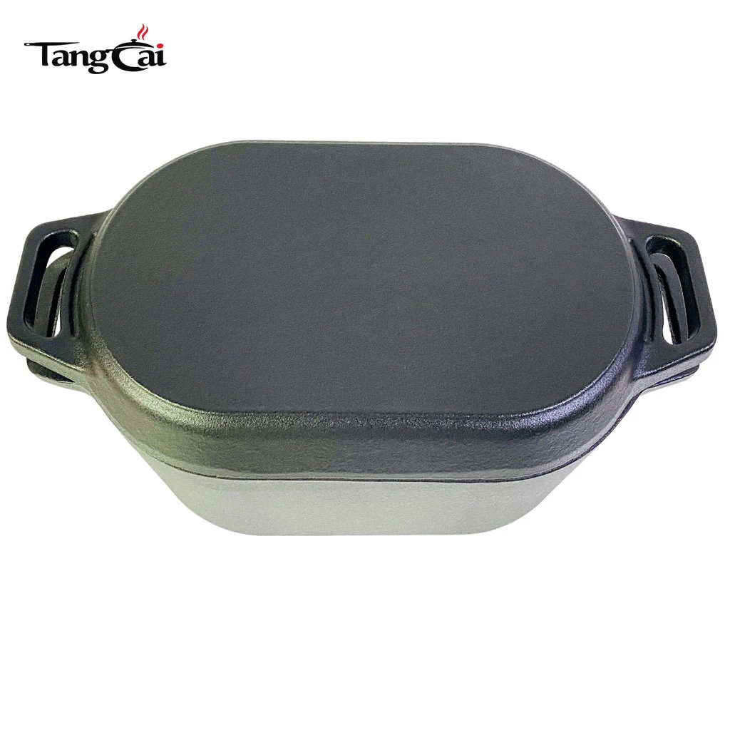 Horno holand&eacute;s de hierro fundido presazonado 2 en 1 con tapa de sart&eacute;n Bandeja para hornear pesada con asas circulares para hornear pan, fre&iacute;r, acampar, asar a la parrilla