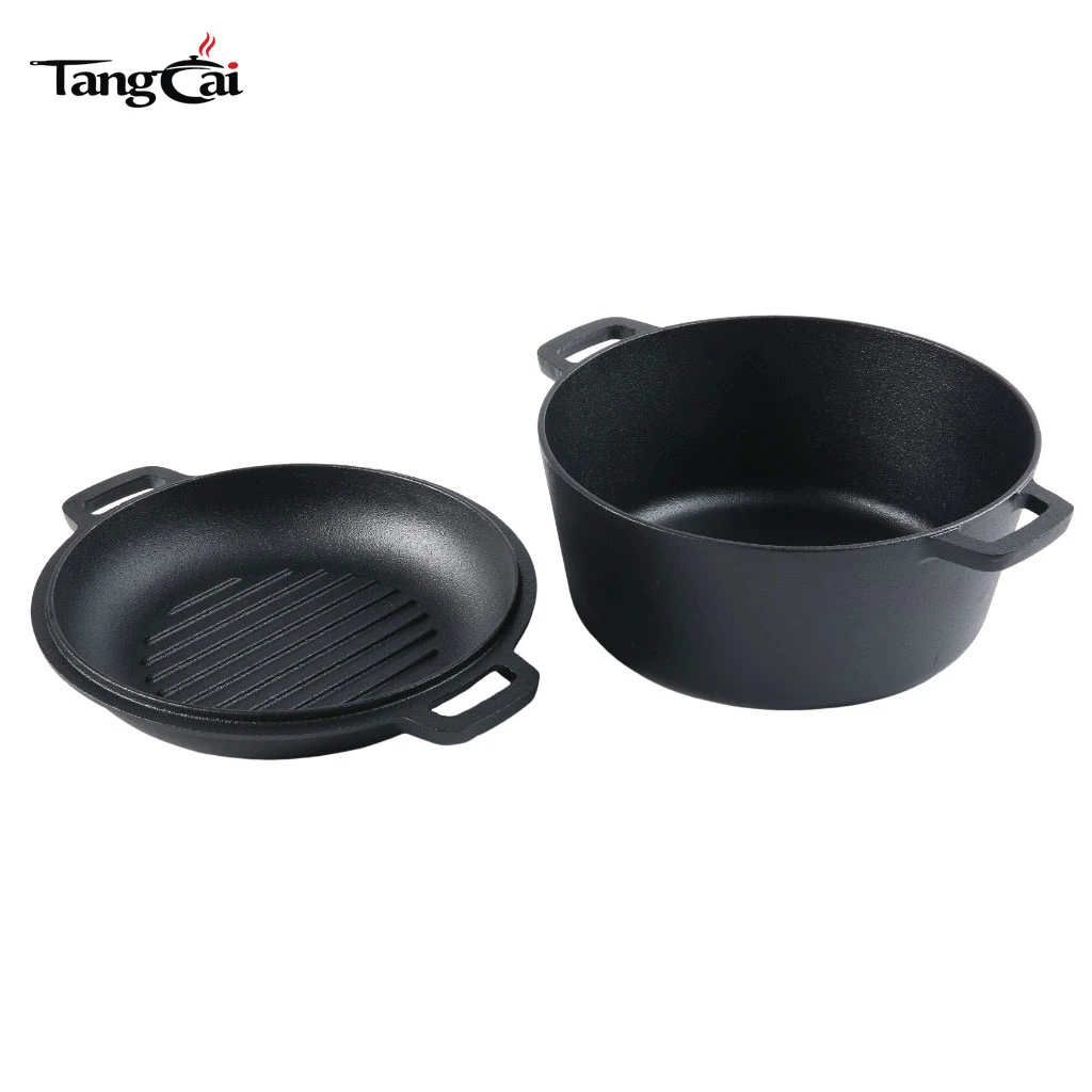 Horno holand&eacute;s doble de hierro fundido Hot Design Utensilios de cocina de hierro fundido 2 en 1 pre-sazonados - Combinaci&oacute;n de olla y sart&eacute;n Apto para horno