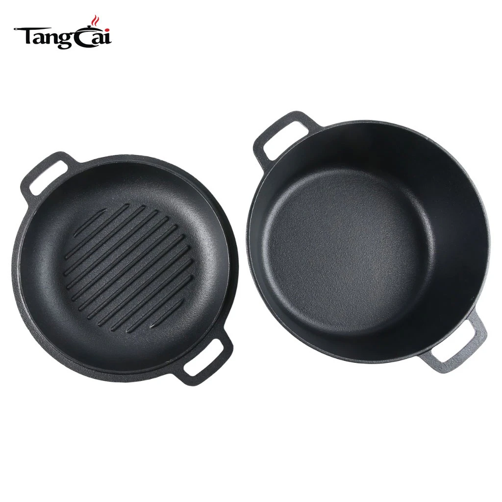 Horno holand&eacute;s doble de hierro fundido Hot Design Utensilios de cocina de hierro fundido 2 en 1 pre-sazonados - Combinaci&oacute;n de olla y sart&eacute;n Apto para horno