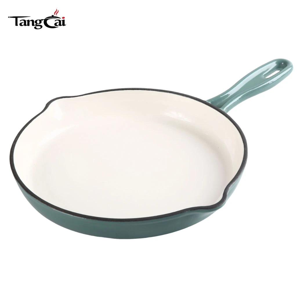 Venta directa de f&aacute;brica de 10 pulgadas 26 cm Sart&eacute;n redonda de hierro fundido esmaltado en color verde azulado para marcas y minoristas