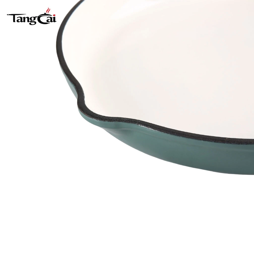 Venta directa de f&aacute;brica de 10 pulgadas 26 cm Sart&eacute;n redonda de hierro fundido esmaltado en color verde azulado para marcas y minoristas