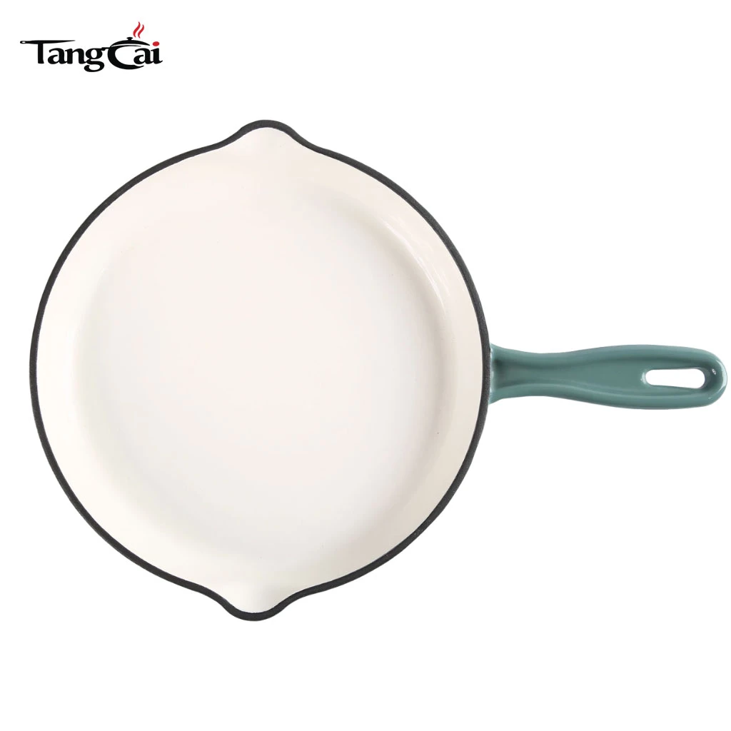 Venta directa de f&aacute;brica de 10 pulgadas 26 cm Sart&eacute;n redonda de hierro fundido esmaltado en color verde azulado para marcas y minoristas