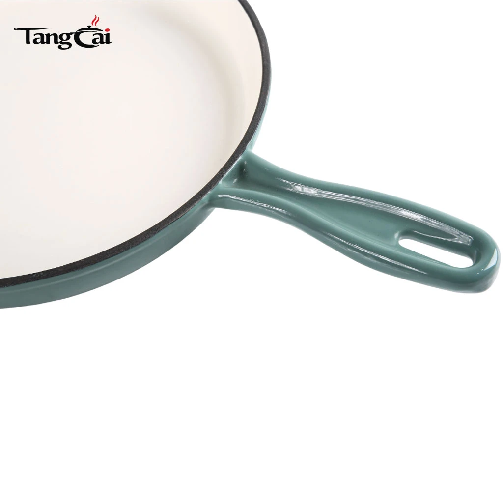 Venta directa de f&aacute;brica de 10 pulgadas 26 cm Sart&eacute;n redonda de hierro fundido esmaltado en color verde azulado para marcas y minoristas
