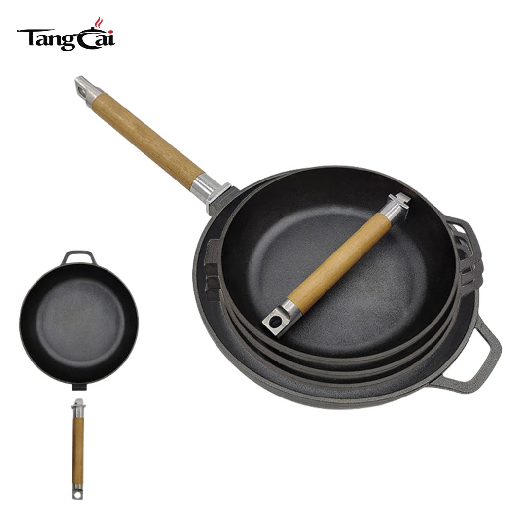 Sart&eacute;n para parrilla port&aacute;til para exteriores Sart&eacute;n de hierro fundido pre-sazonado con mango extra&iacute;ble de madera