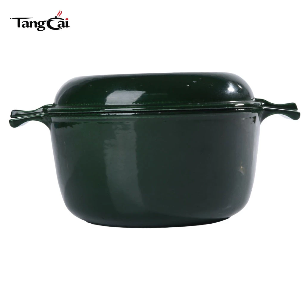 Verde oscuro Olla combinada de hierro fundido esmaltado, horno holand&eacute;s de doble uso con tapa reversible