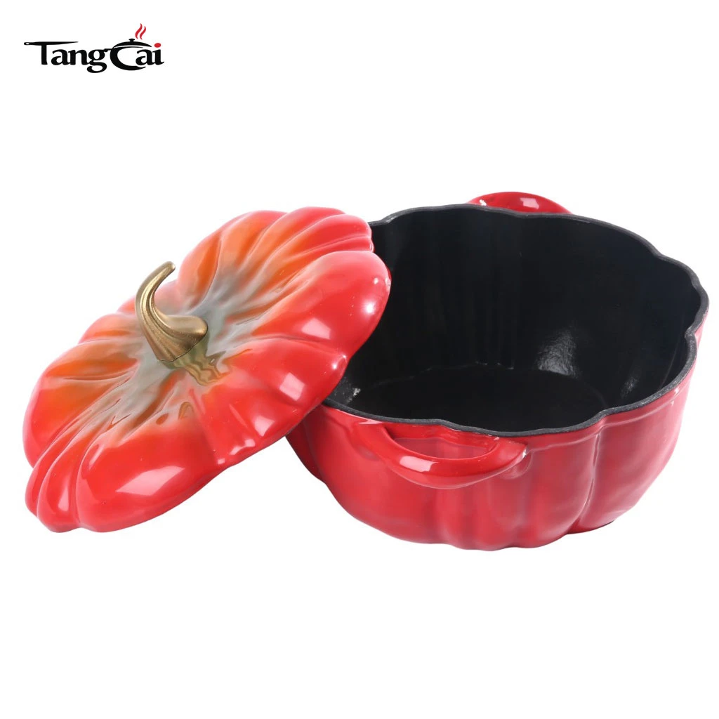 Holand&eacute;s de hierro fundido esmaltado con forma de calabaza roja degradada Horno con revestimiento interior negro mate