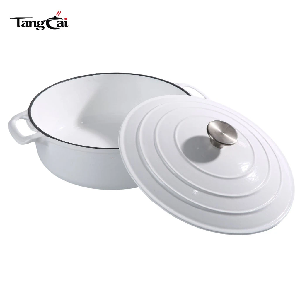 Fundido esmaltado en blanco brillante poco profundo Olla de hierro para cazuela multiusos para mariscos con tapa