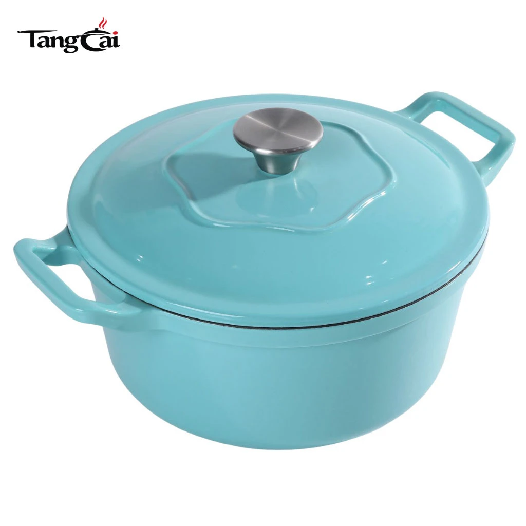 Redonda cl&aacute;sica de 5 cuartos Horno holand&eacute;s de hierro fundido esmaltado: cazuela azul Tiffany para sopa para hornear pan de masa fermentada