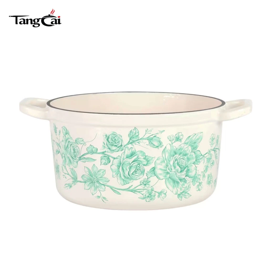 Utensilios de cocina de tendencia 2026 Olla antiadherente de hierro fundido esmaltado floral vintage de 5 cuartos con tapa para marcas y marcas privadas