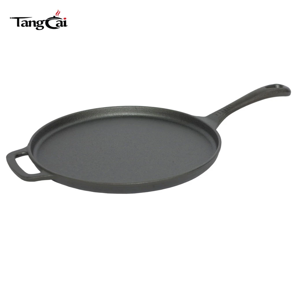 Pre-sazonado de 12 pulgadas Sart&eacute;n plana de hierro fundido, sart&eacute;n redonda para crepes y pizza con asas dobles, Tawa de hierro fundido para roti, tortillas y desayuno