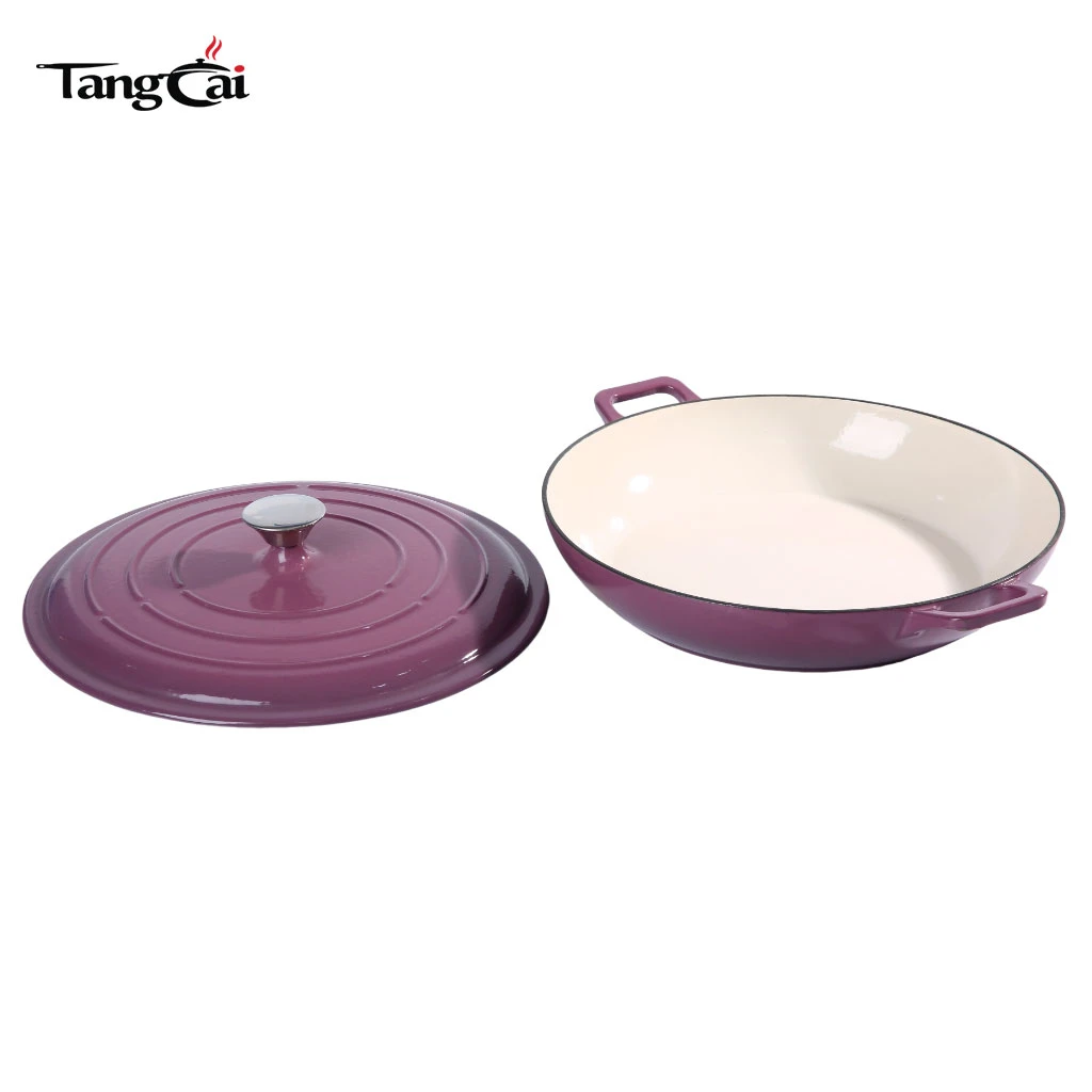 Olla holandesa poco profunda de hierro fundido esmaltado color morado uva, cacerola multiusos para mariscos de 3,8 cuartos de gal&oacute;n