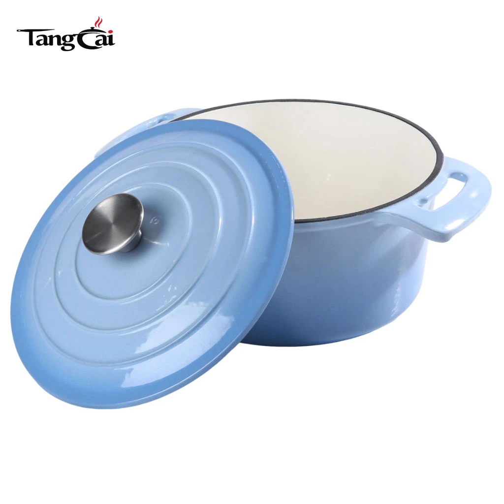 Suministro de f&aacute;brica, horno holand&eacute;s de hierro fundido esmaltado de color azul claro, cacerola de tama&ntilde;o familiar