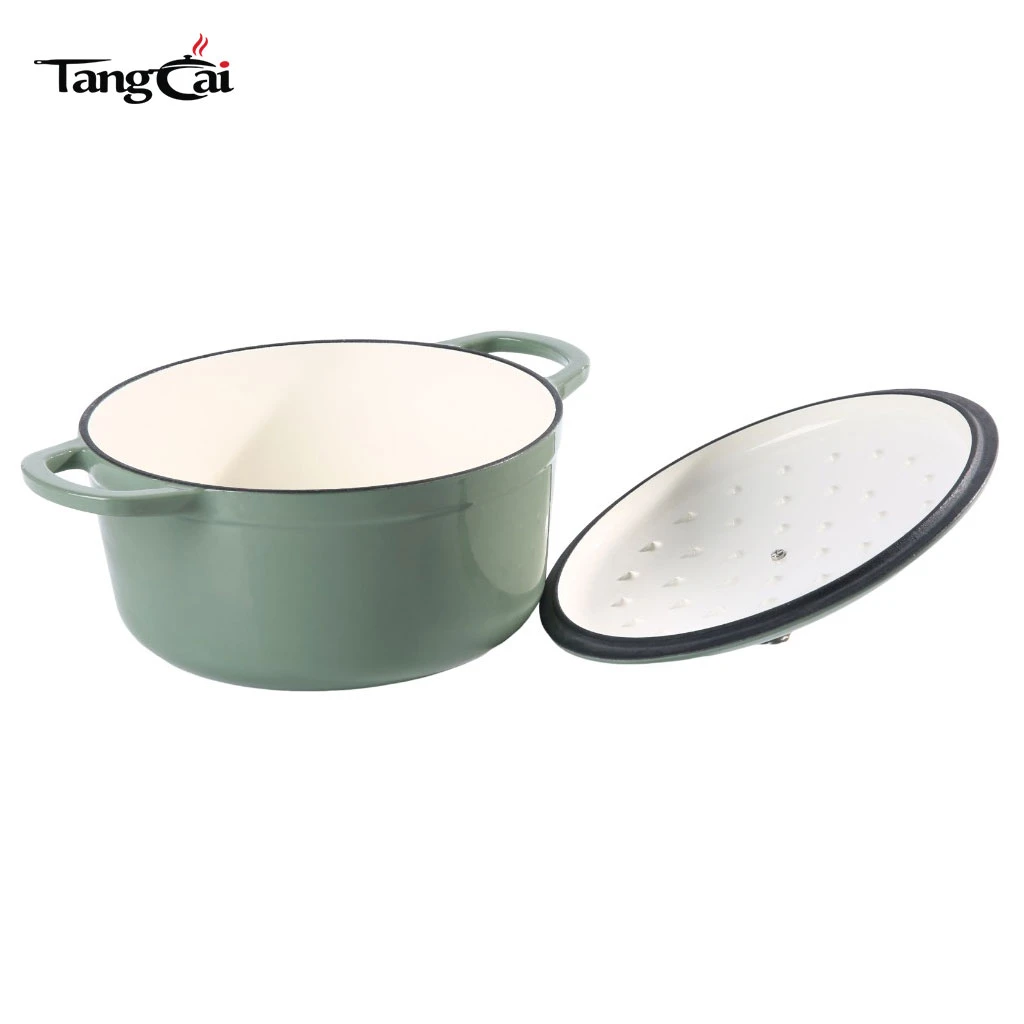 Hierro fundido esmaltado 5 cuartos moderno verde salvia Horno holand&eacute;s con perilla dorada para hornear pan con masa madre
