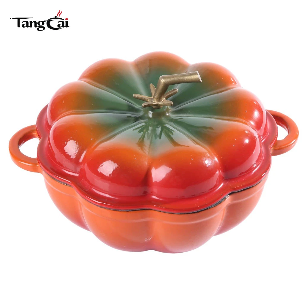 Holand&eacute;s de hierro fundido esmaltado con forma de calabaza roja degradada Horno con revestimiento interior negro mate