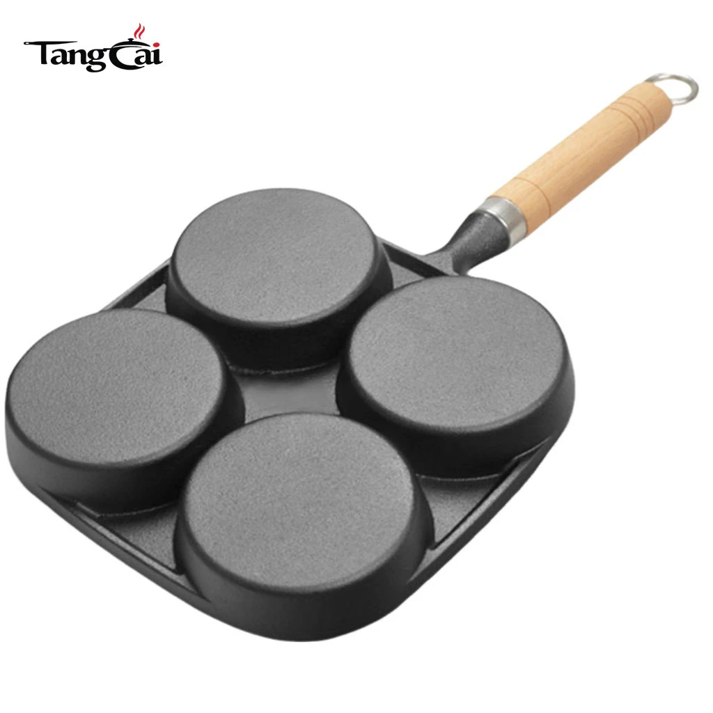 Mart&eacute;n para panqueques de hierro fundido presazonado para 4 tazas con mango de madera, plancha antiadherente con orificios m&uacute;ltiples para mini panqueques, huevos y desayuno