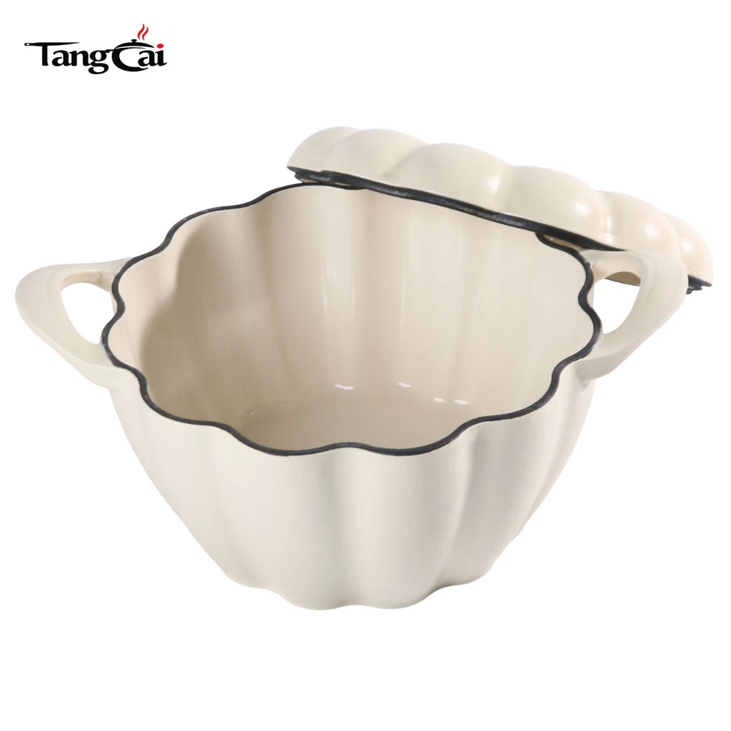 Holand&eacute;s de hierro fundido esmaltado en forma de calabaza de color blanco crema Horno, olla decorativa resistente