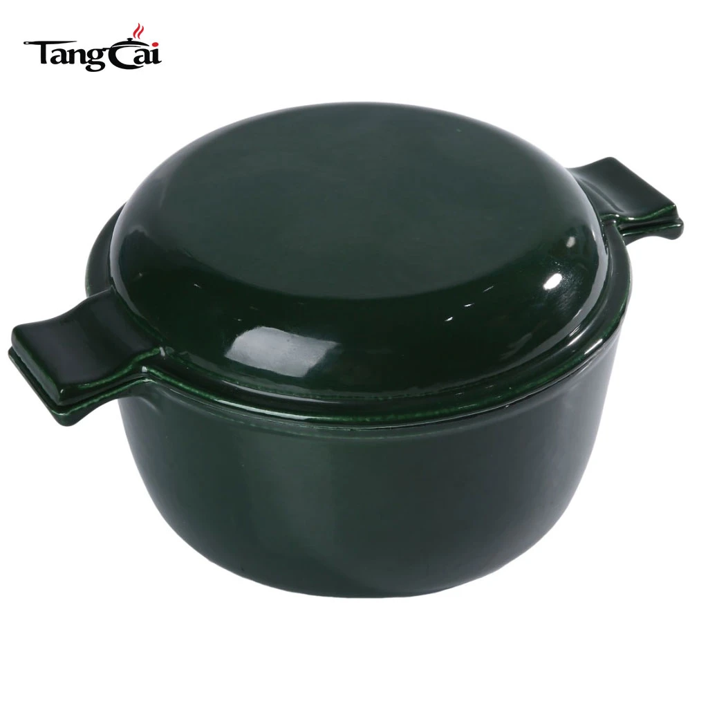 Verde oscuro Olla combinada de hierro fundido esmaltado, horno holand&eacute;s de doble uso con tapa reversible