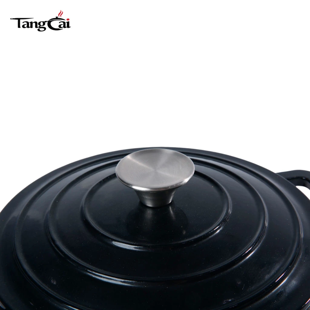 Horno holand&eacute;s peque&ntilde;o de hierro fundido esmaltado poco profundo en negro mate, mini mariscos Cacerola con tapa