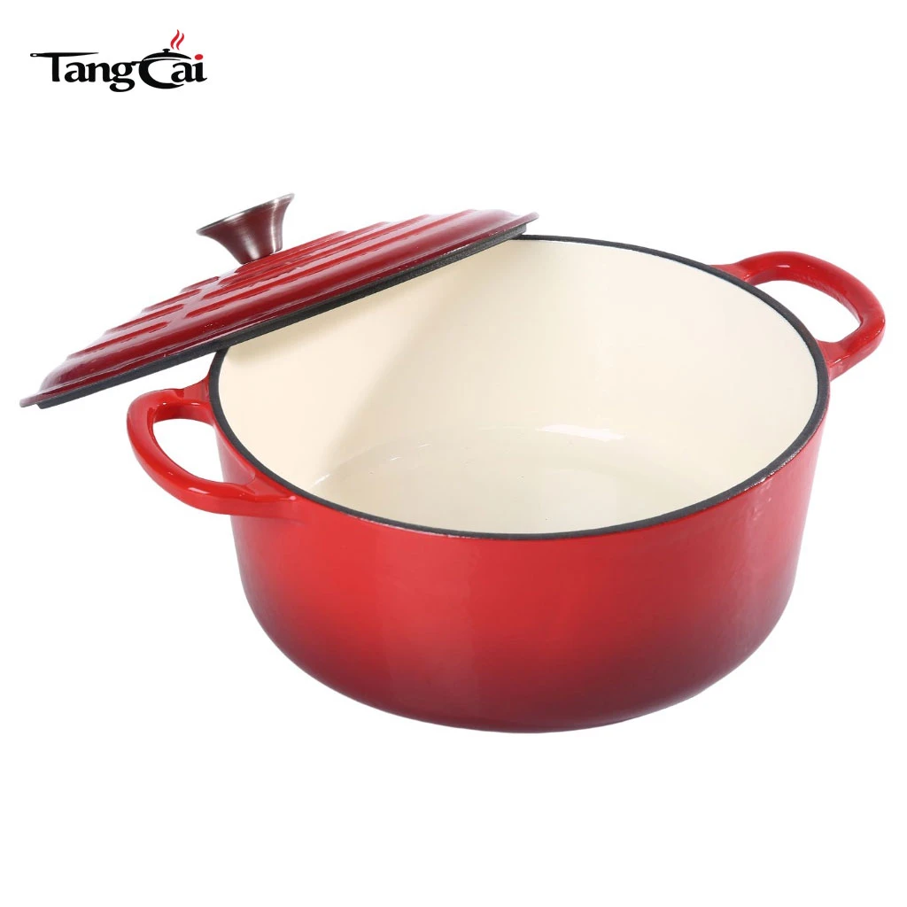 Horno holand&eacute;s redondo exclusivo de hierro fundido esmaltado rojo degradado estilo Le Creuset personalizado de 5.5 cuartos