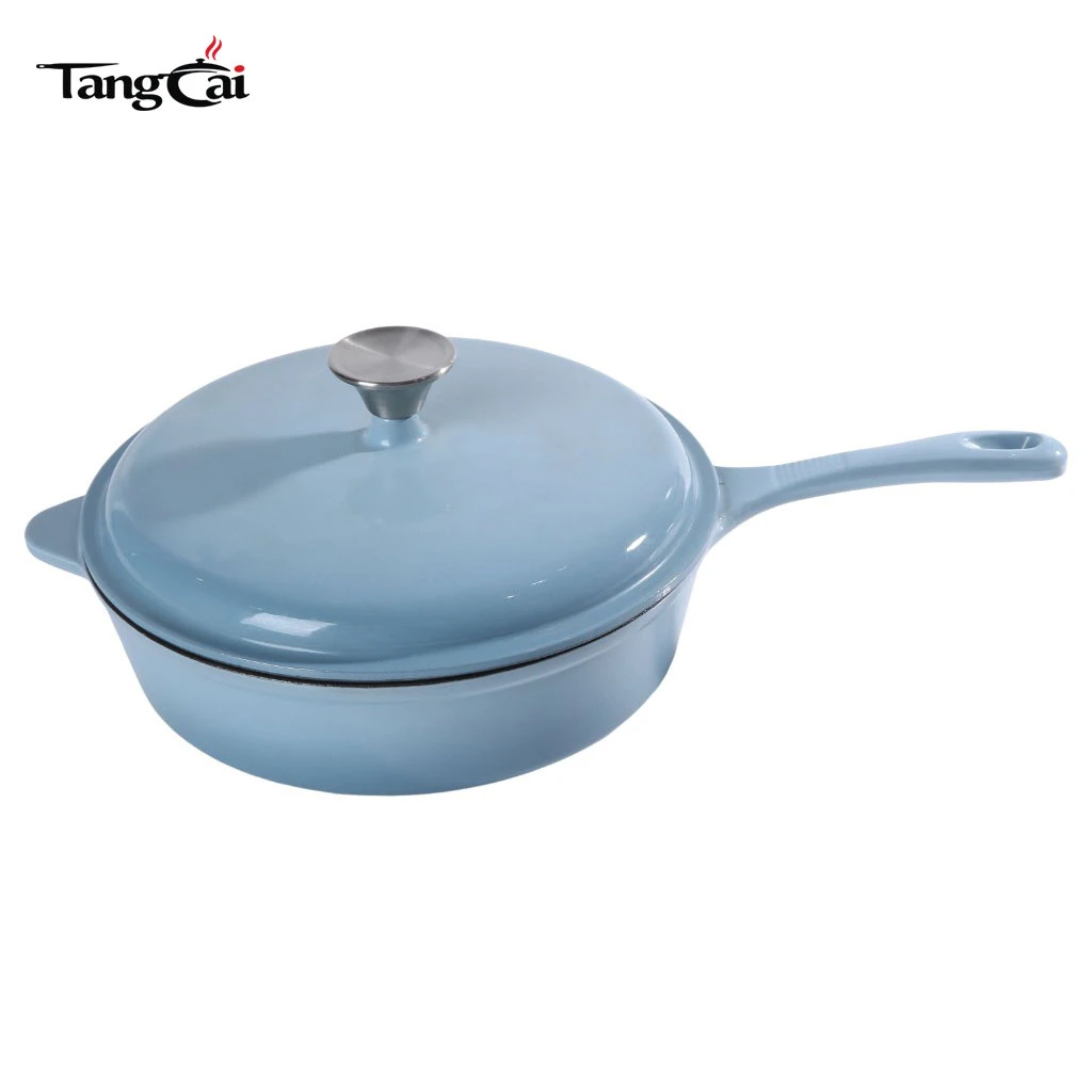 Olla grande personalizada de hierro fundido esmaltado en azul cielo de 5,5 cuartos de gal&oacute;n, cacerola profunda multiuso, sart&eacute;n con mango largo